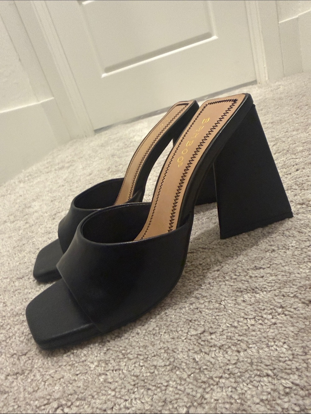 BAMBOO Black Wide Strap Block Heel Slide Sandals